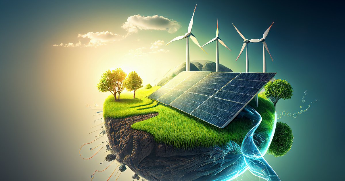 renewable energy background with green energy as wind turbines and solar panels